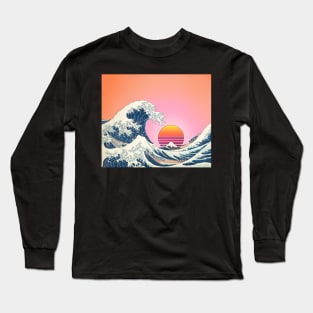 Retro Great Wave off Kanagawa with vintage rising sun and pastel sky Long Sleeve T-Shirt
